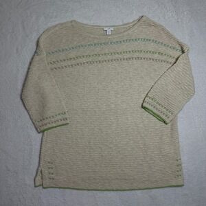 J. Jill Beige Floral Embroidered Sweater 3/4 Sleeve Knit Medium Coastal Boho